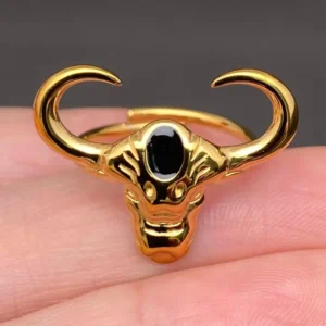 18K Gold Plated Stainless Steel Enamel Bull Head Ring - Fgs
