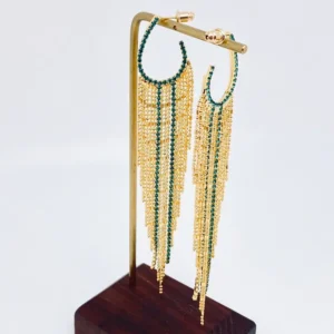 green-rhinestone-golden-metal-tassel-hoop-earrings